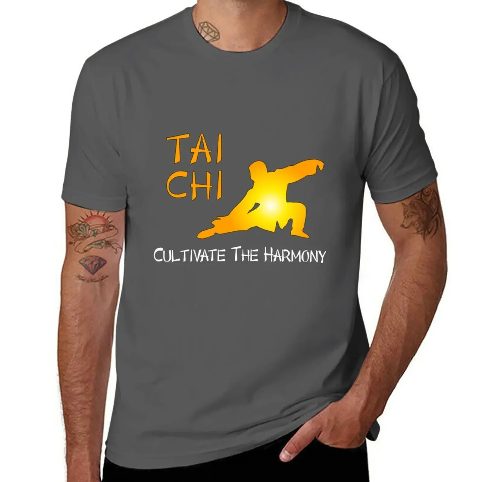 Tai Chi - Cultivate the Harmony (Black background) T-Shirt quick-drying vintage clothes Men's cotton t-shirt