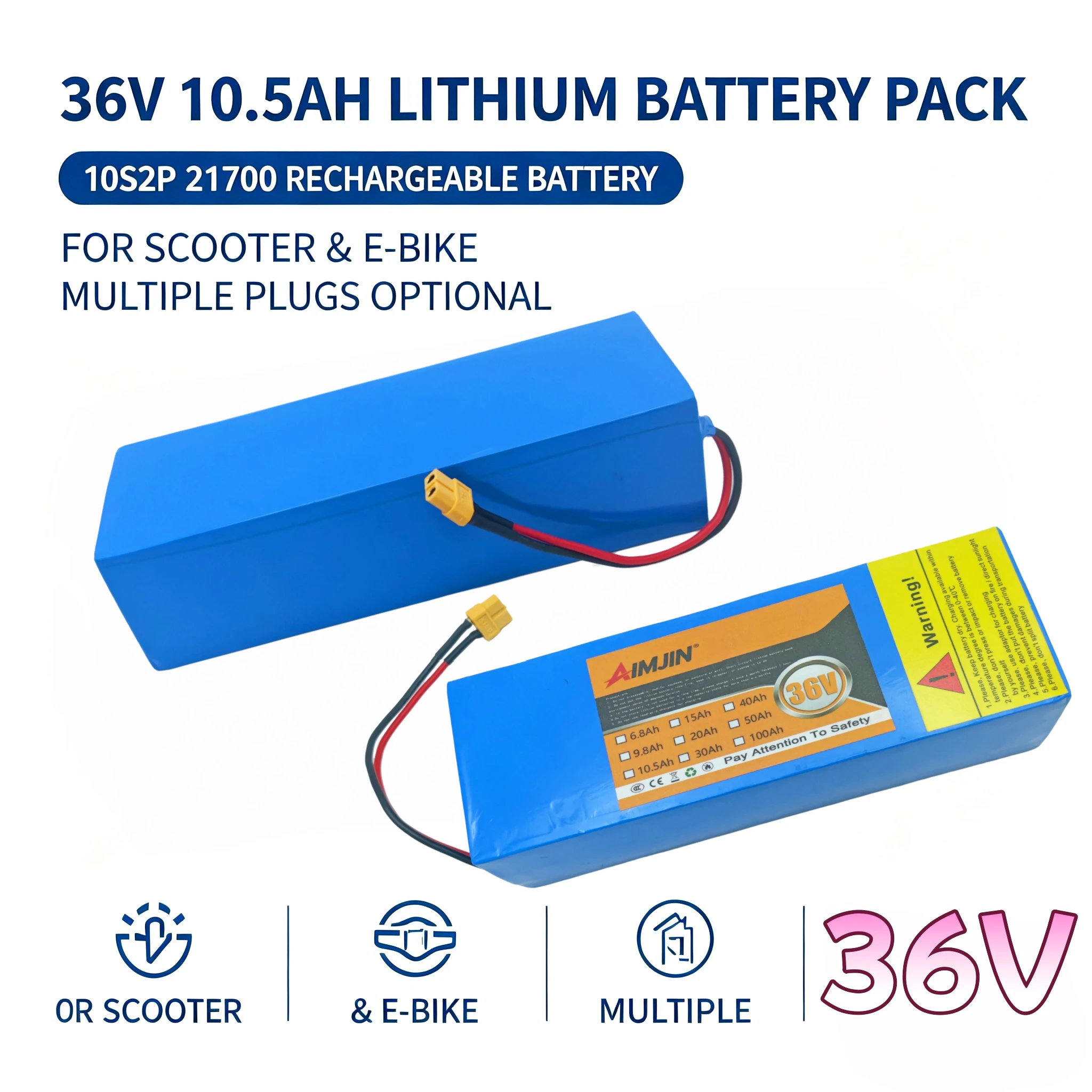 10S2P Lithium Battery Pack For fishing bicycle Large Capacity Batteries 36V 10.5Ah 21700 Rechargeable Battery with BMS