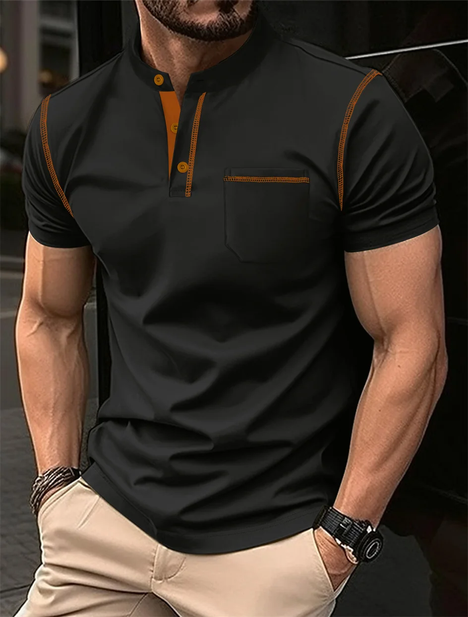 Summer Men's New Solid Color Short-Sleeved POLO Shirt Spliced Horizontal Chest Pocket Design Fashion High Quality Men's Wear