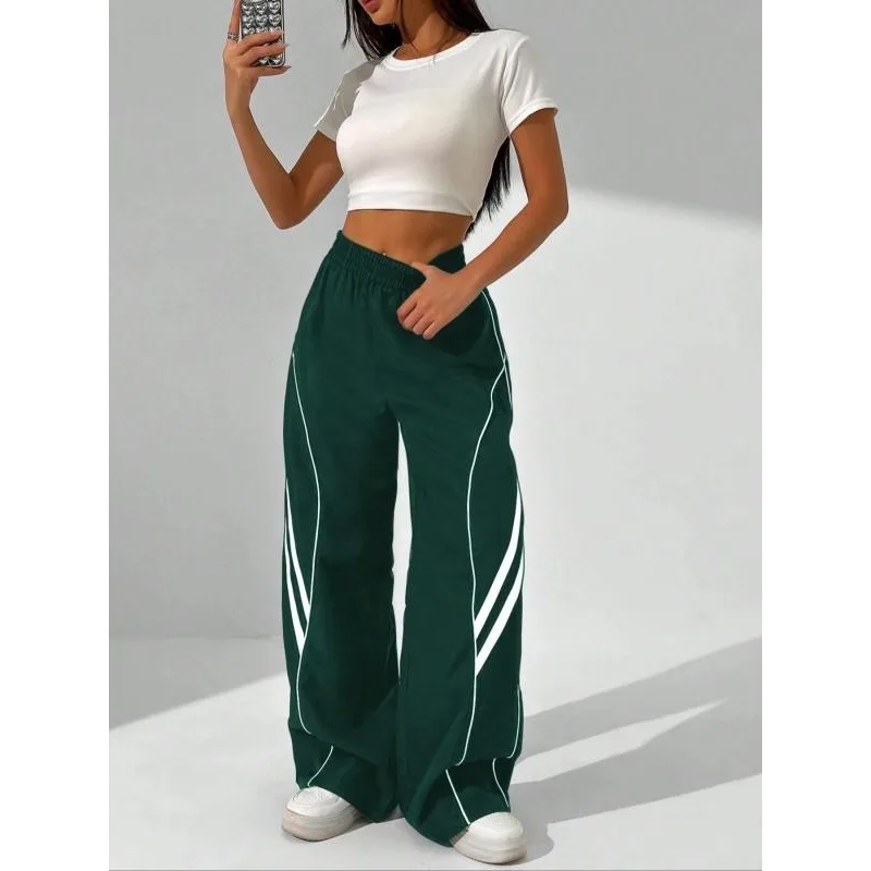 Damskie spodnie plus size, codzienne, z wysokim stanem, wyszczuplające, elastyczne w pasie, z bocznymi szwami, z białym wykończeniem, luźne, do noszenia na zewnątrz, rekreacyjne, sportowe, długie.