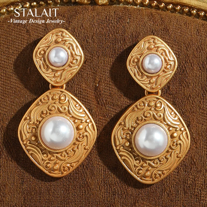 

Vintage Pearl Earrings 18k Real Gold Color Square Drop Dangle Antique Accessories For Women Wedding Luxury Quality Jewelry 2025
