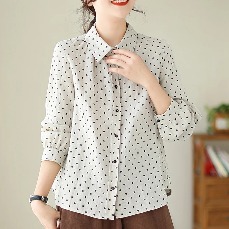 

Spring Summer Dot Turn-down Collar Fasion Cotton Linen Blouse Shirt Button Elegant Office Ladies Women Casual Loose Tops Blusas