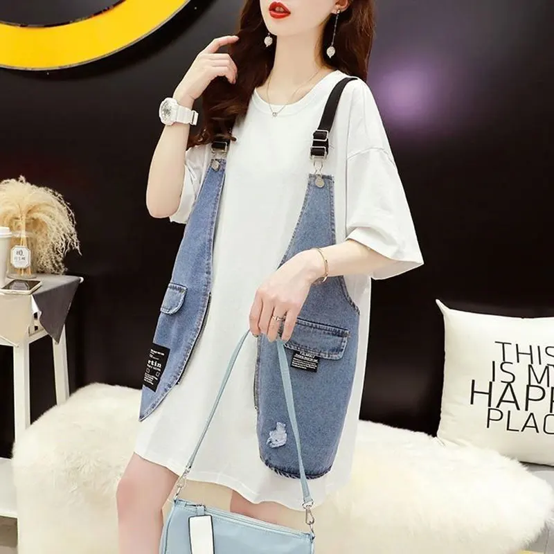 Fake Two Pieces Braces Denim Patchwork Pullovers Female Clothing Solid Color Summer Korean Loose Half Sleeve Midi T-shirt 2024