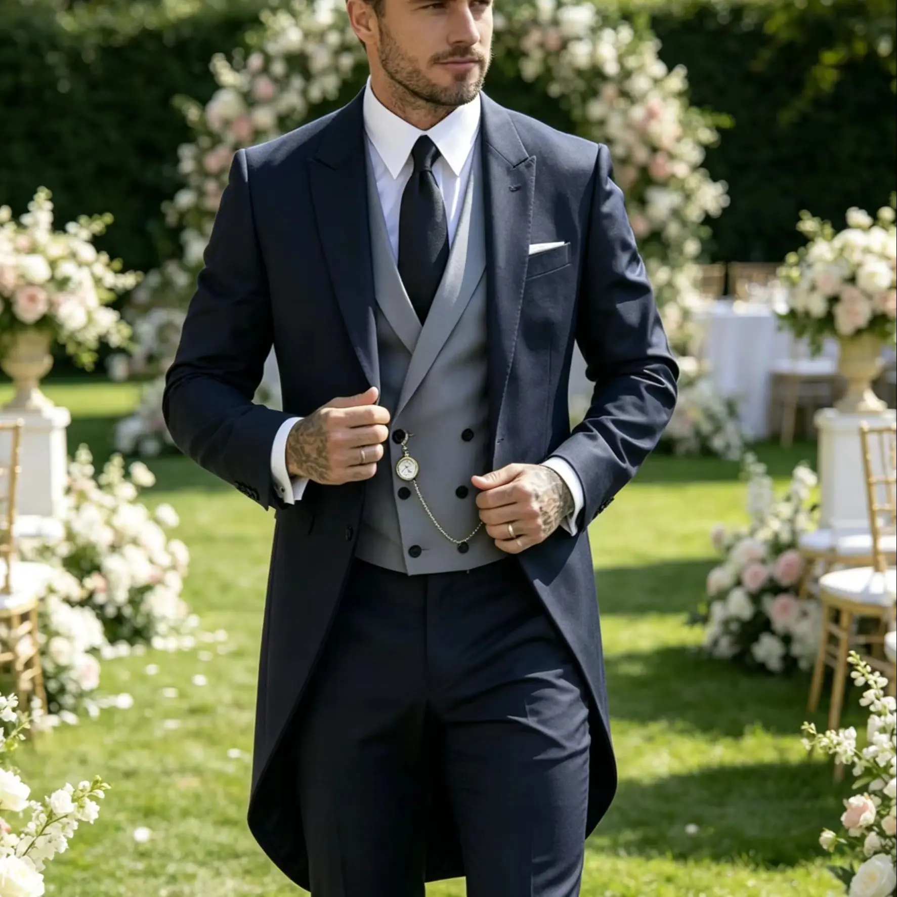 

Mens Tuxedo Tailcoat Formal Dress Suits Swallow Tail Coat Navy Blue Male Jacket Vest Pants Party Wedding Dance Magic Performance