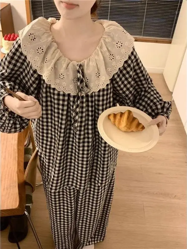 Korean Style Sweet Lace Trim Sleepwear Long Sleeve Cloud Cotton Silk Home Clothes Set for Girls Spring Autumn New Arrival
