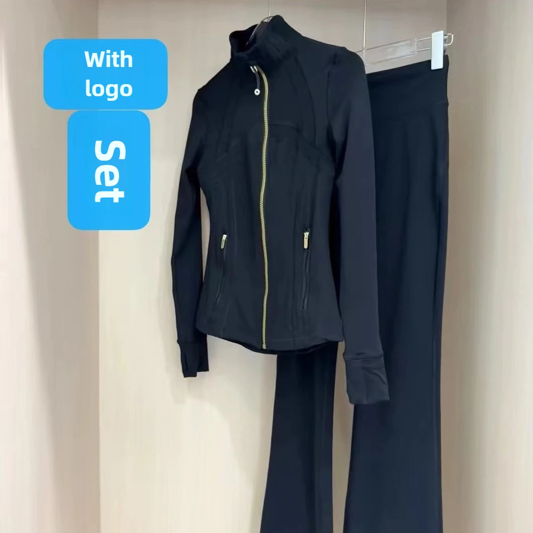 مجموعة LU الجديدة الملونة المكونة من قطعتين: سروال نسائي صغير واسع وسترة بياقة واقفة، بدلة رياضية عالية الخصر للتحكم في البطن