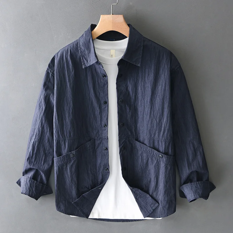 

Spring Summer New Mens Long Sleeve Shirt Japan Casual Vintage Shirt Men Double Pocket Pleated Designer Shirts Fashion Tops Youth