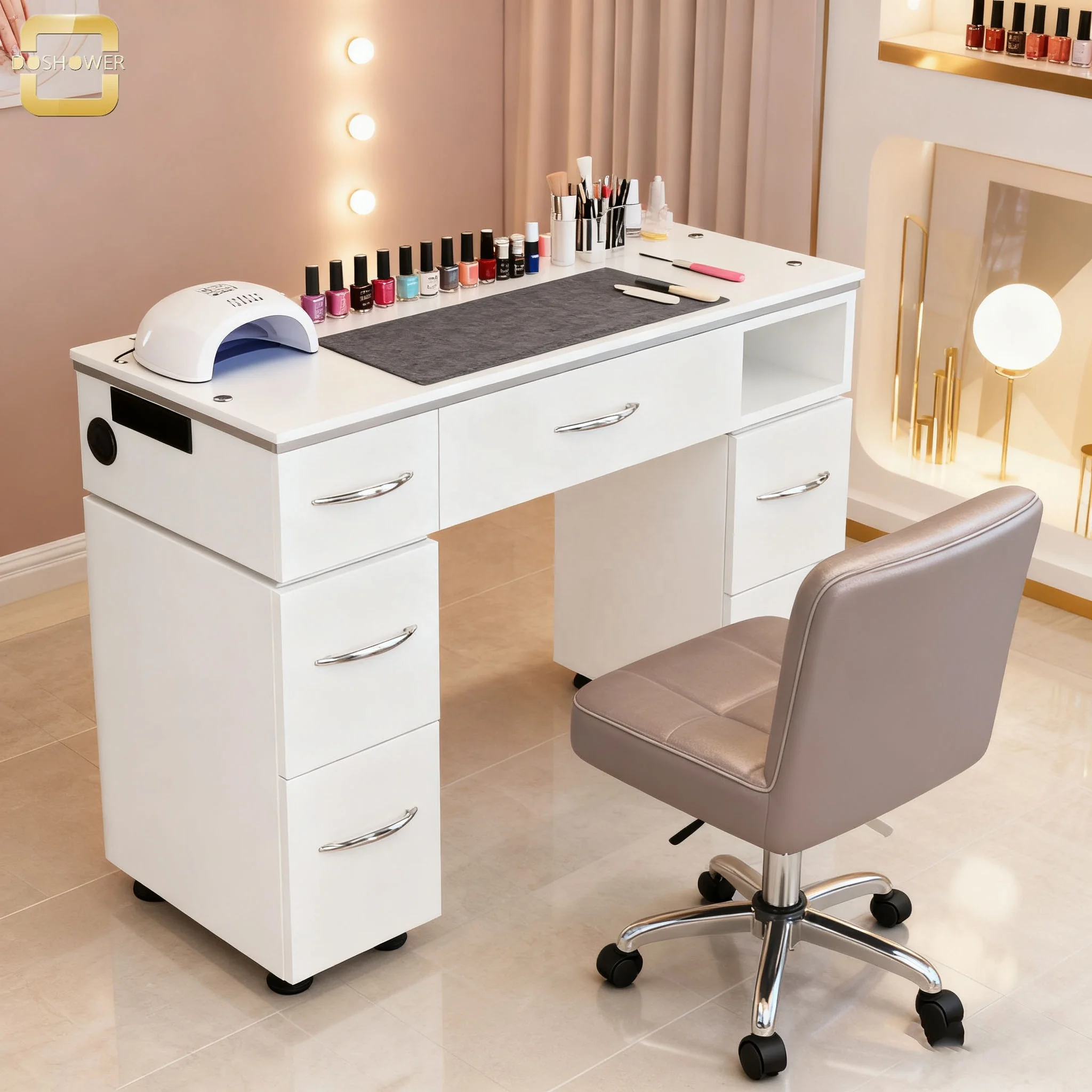 Stylish White Nail Table with Hand Pads and Nail Vacuum Cleaner for Nail Art Massage Salon Furniture and Manicure Spa Tools
