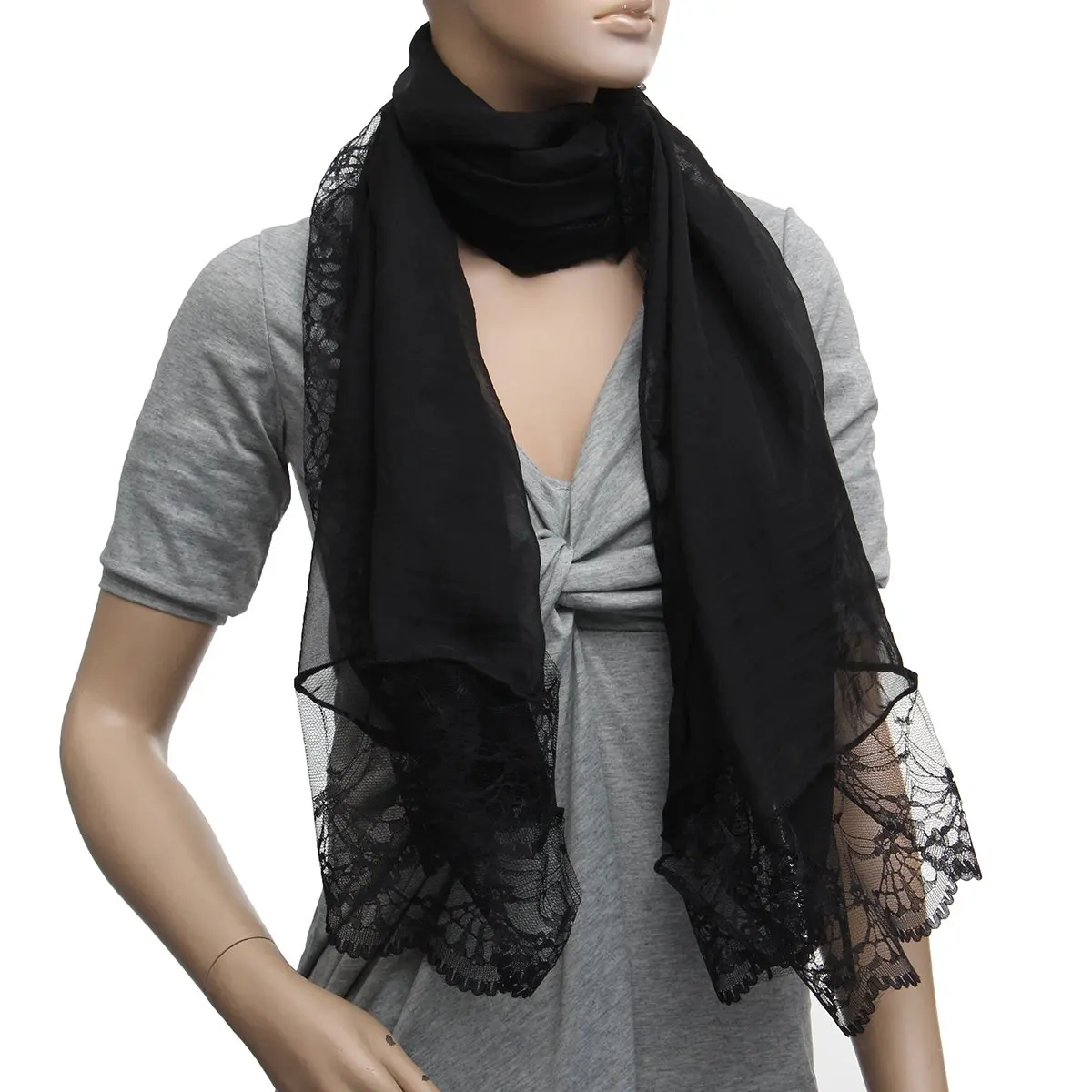 BABQ 女性スカーフ シフォン レース スカーフ ラップ スカーフ ブラック