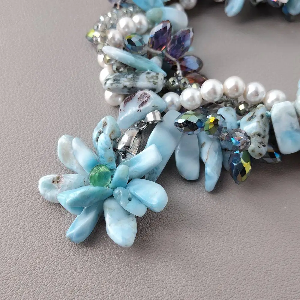 

YYGEM freshwater pearl top-drilled Crystal Larimar chips White Sea Shell teardrop Torsade Necklace