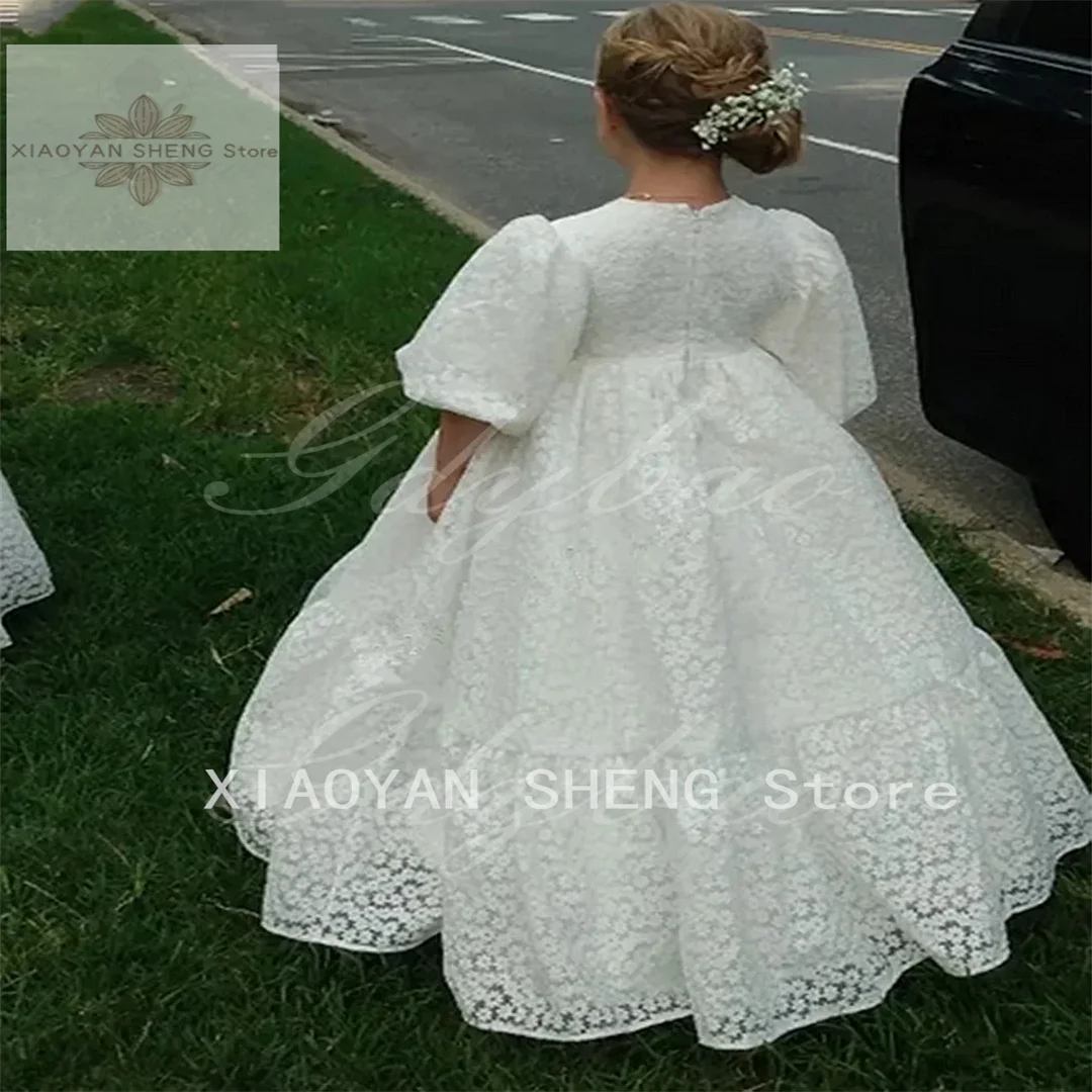 

Princess Girl Dresses mbroidery Hollow Out Lace Flower Girl Dresses for Wedding Puffy Balloon Sleeve High Waisted Toddler Gowns