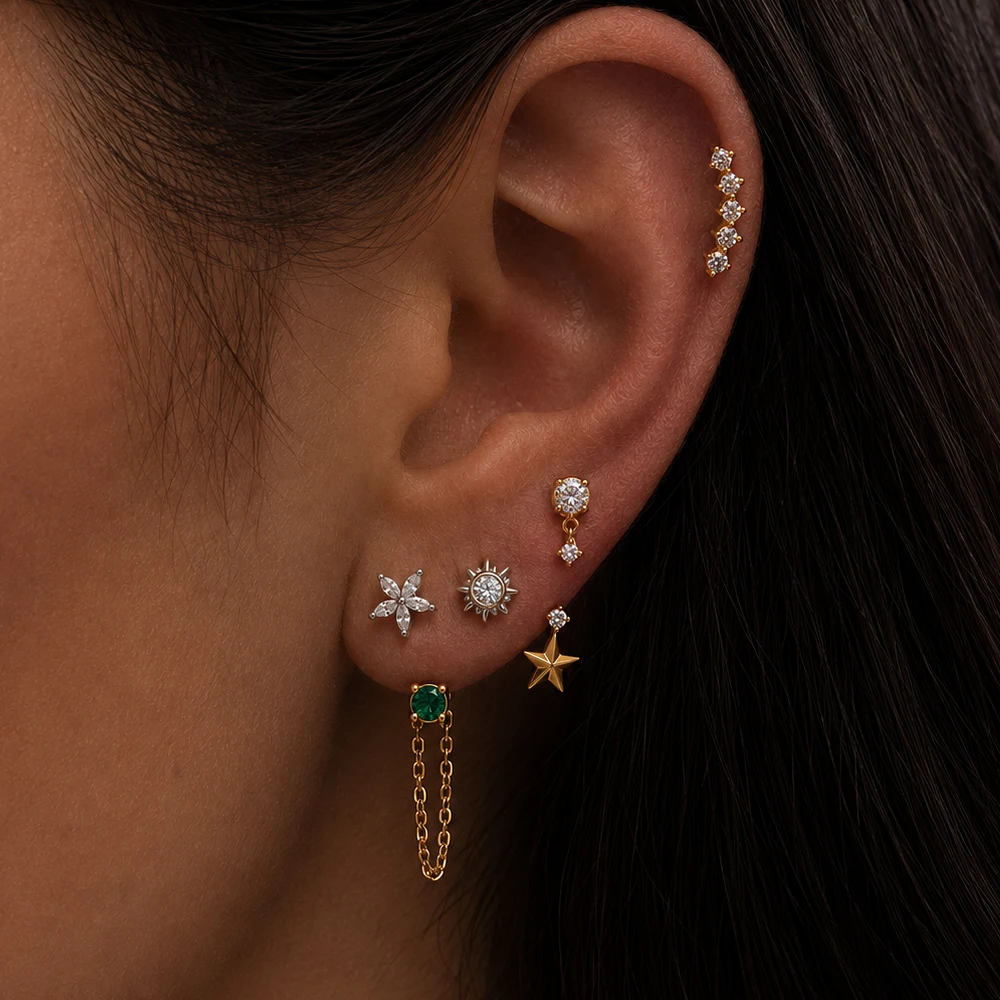 1PC Stainless Steel Sun Flower Zircon Tiny Piercing Stud Earrings for Women Gold Plated Stackable Cartilage Earring Jewelry Gift