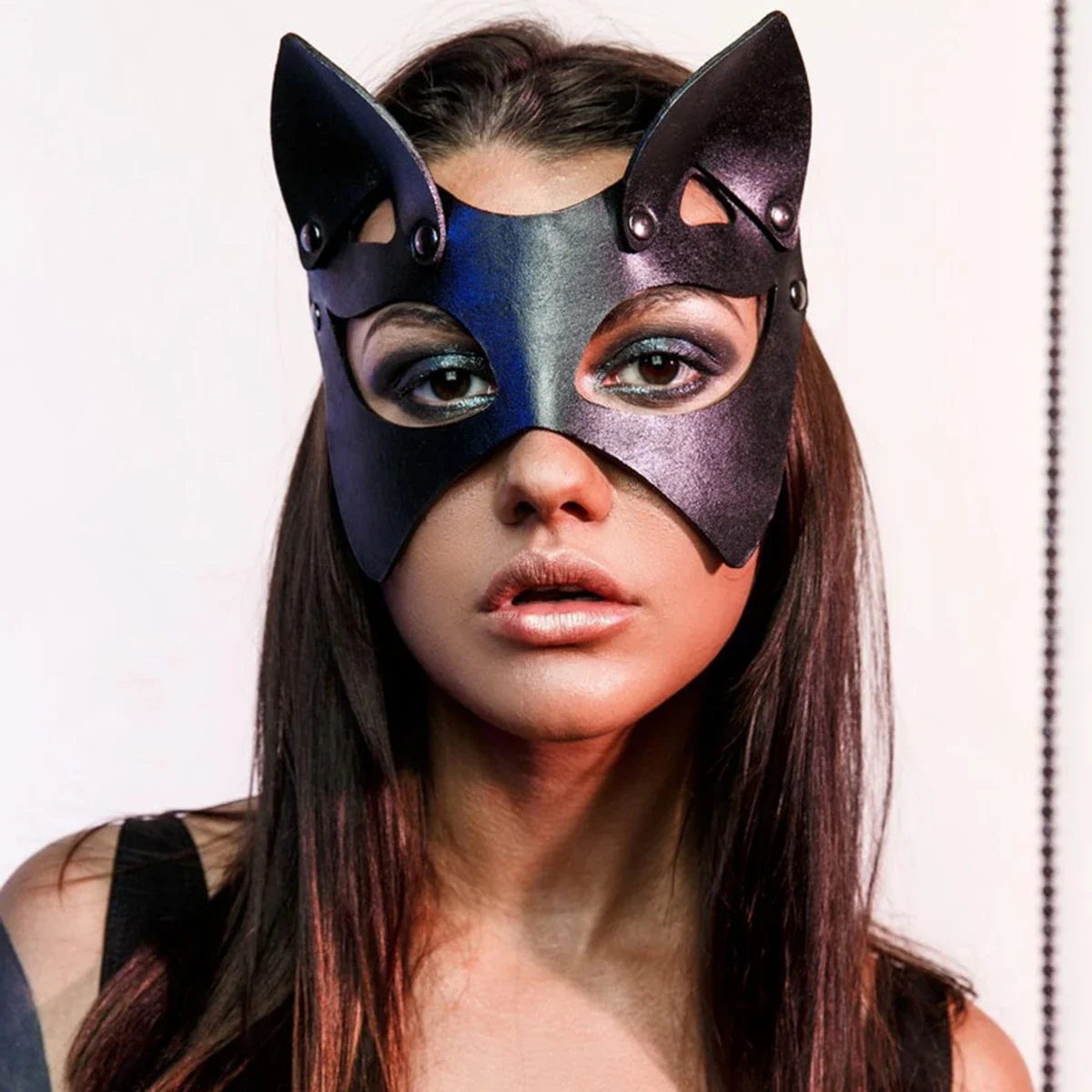 Maschera da donna sexy in pelle PU con orecchie di gatto, fetish, festa di Halloween, trucco, palla, maschera regolabile per occhi fantasia