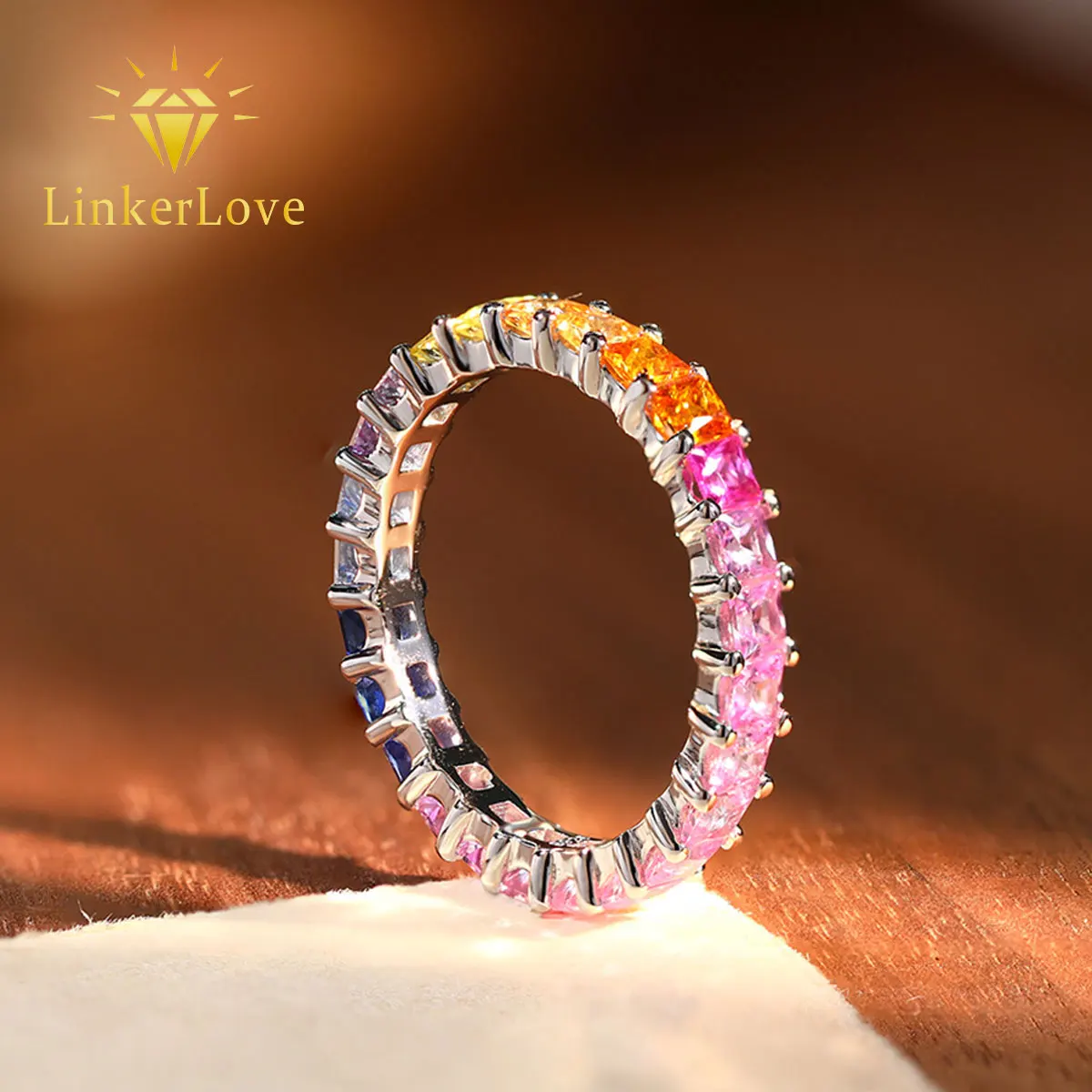 

LinkerLove Rainbow Sapphire Ring S925 Sterling Silver 2.5mm Princess Cut Multi Color Gemstone Eternity Wedding Band for Women