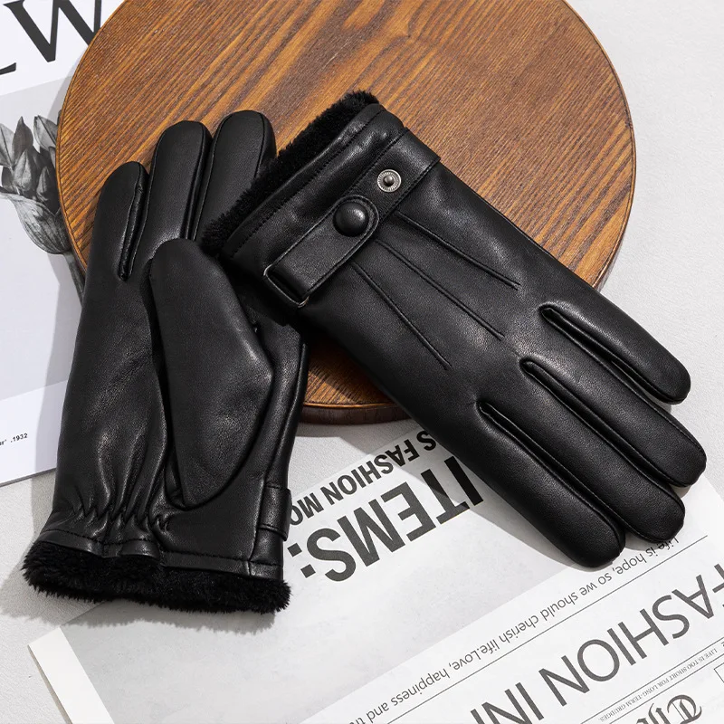 

Winter Fashion Black Real Leather Gloves Male Velvet Style Driving Leather Men Gloves Non-Slip Full Fingers Palm Touchscreen