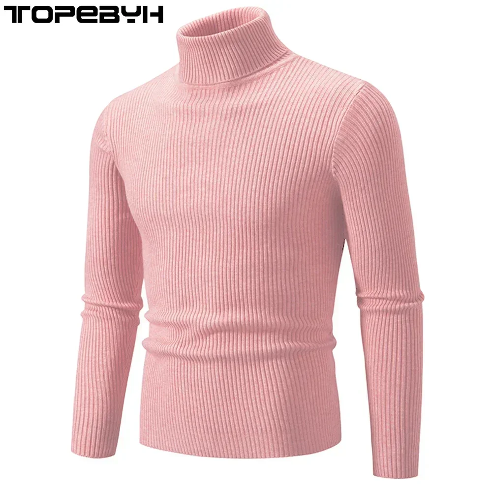 High Quality Men\'s Autumn and Winter High Neck Knit Shirt Slim Fit Long Sleeve Sweater Solid Color Pullover Tops