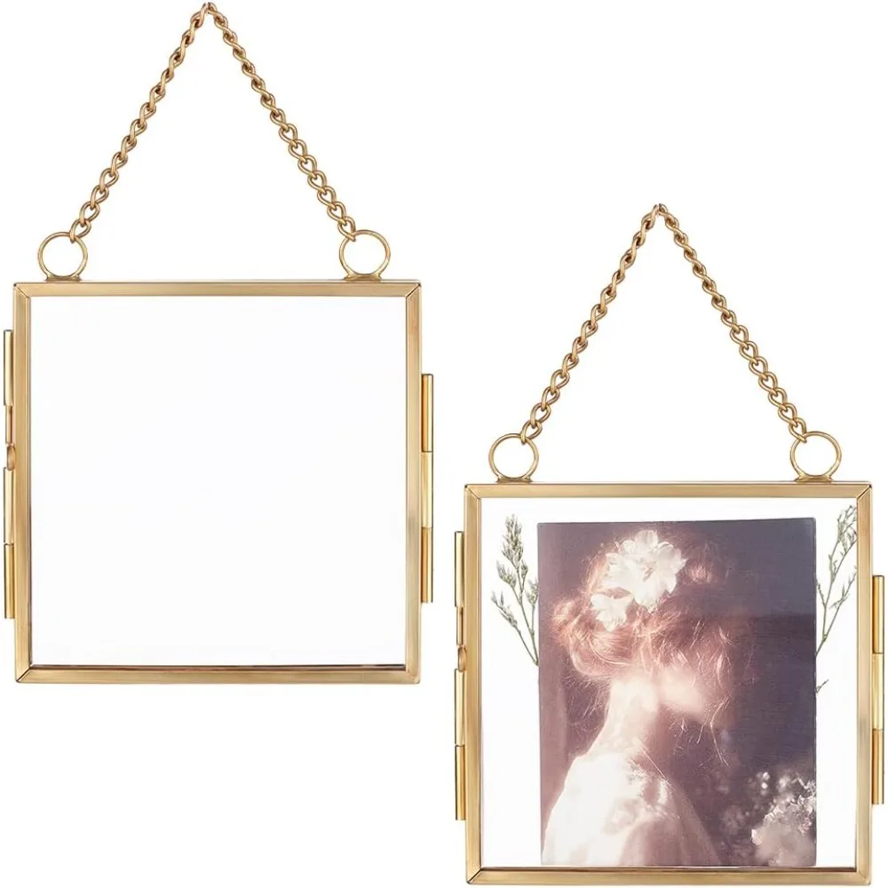 2 Pcs Wall Hanging Mini Photo Frames Double Glass Picture Frame with Chain Alloy Folding Frame DIY Vintage Artwork Display Frame