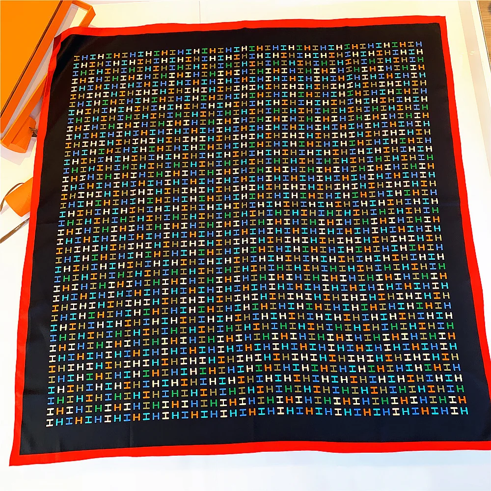 クラシックな女性の手作りシルクスカーフ-90cm-大きな正方形グリッドパターン文字模造シルクスカーフロールエッジギフト
