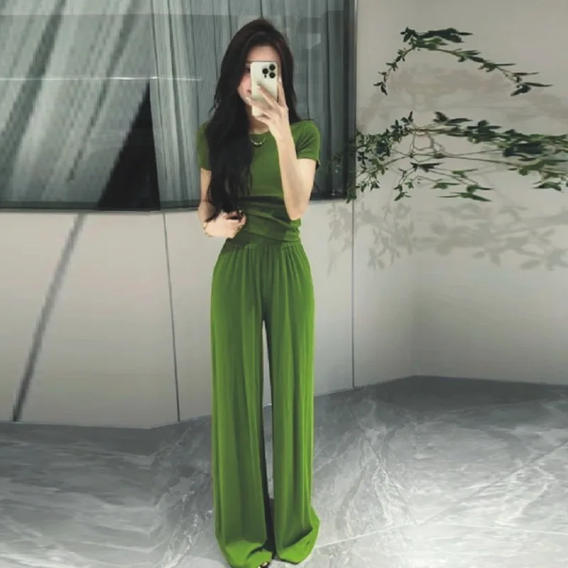 

Casual Suit Women's Summer Slim Fit Short-sleeved T-shirt Elastic Waist Wide Leg Pants Two-piece Set Fashion Female Clothes