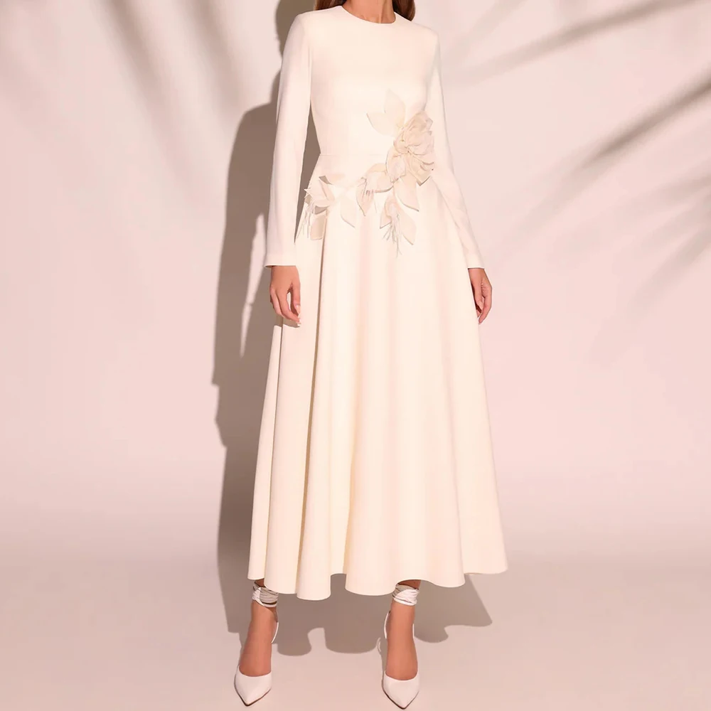 Robe de soirée trapèze personnalisée, longueur thé, col rond, manches longues, fleurs à la mode, drapée Simple, robe de soirée décontractée