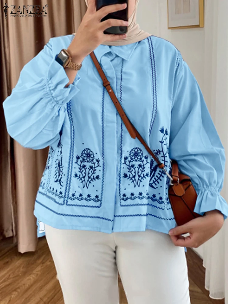 Zanzea moda muçulmana hijabis camisas vintage étnico floral impressão manga longa alta-baixa chemise islâmico modesto colarinho topos