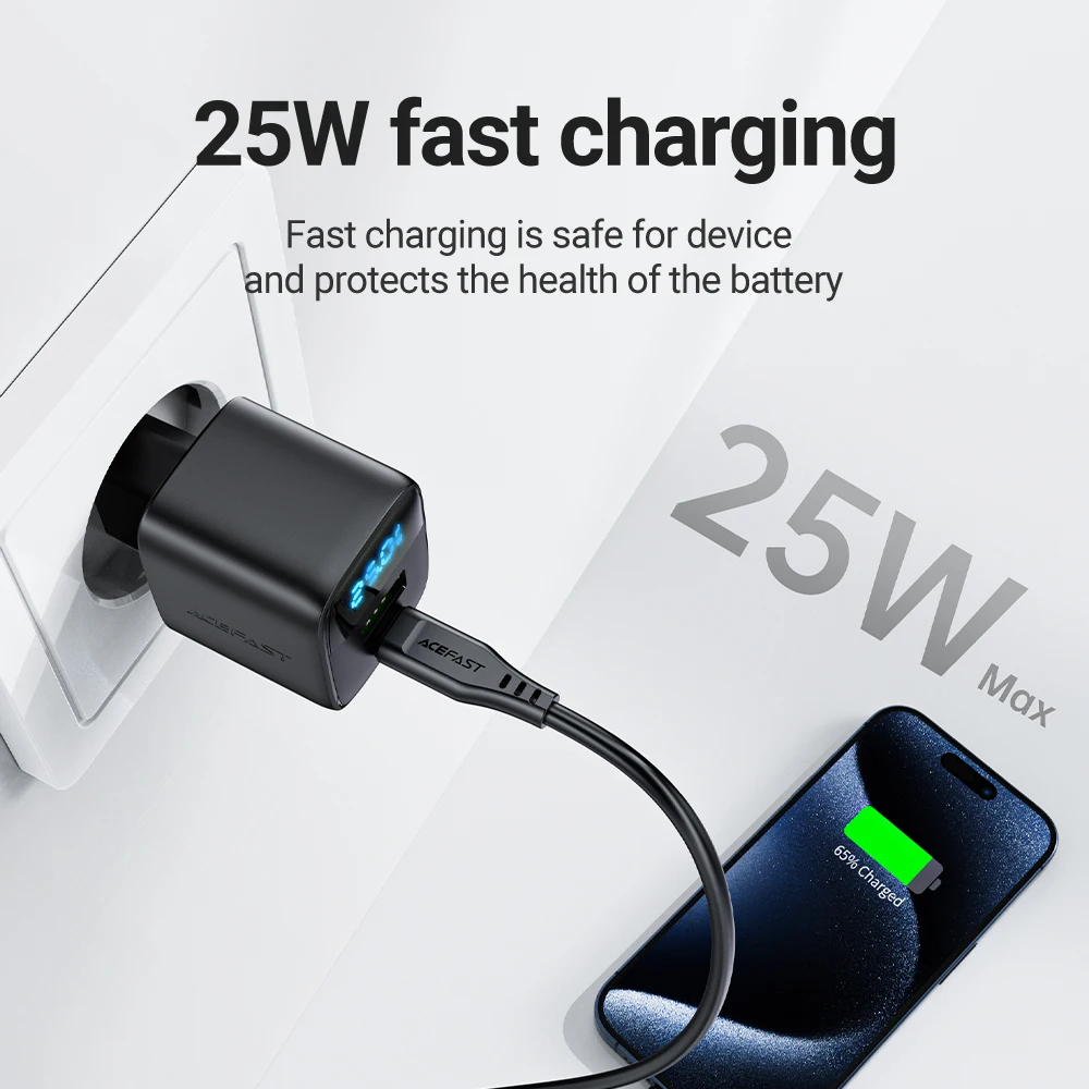 Pengisi Daya Cepat Ponsel ACEFAST EU GaN PD25W untuk iPhone 16 15 14 Pro Max Port USB C USBA dengan Adaptor Perjalanan Dinding Tampilan Digital LED