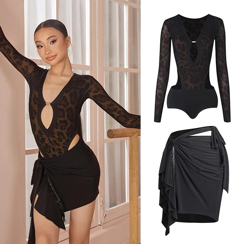 

ZYM Одежда для латинских танцев Одежда для тренировок для девочек Леопардовые топы Черная юбка Детская одежда для выступлений для ча-ча-румбы и самбы NV23952