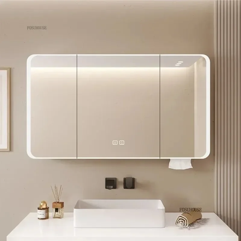 Minimalist Modern Arc-shaped Smart Bathroom Mirror Cabinets Home Furniture Wall-mounted Bathroom Mirror Cabinet with Lighting S