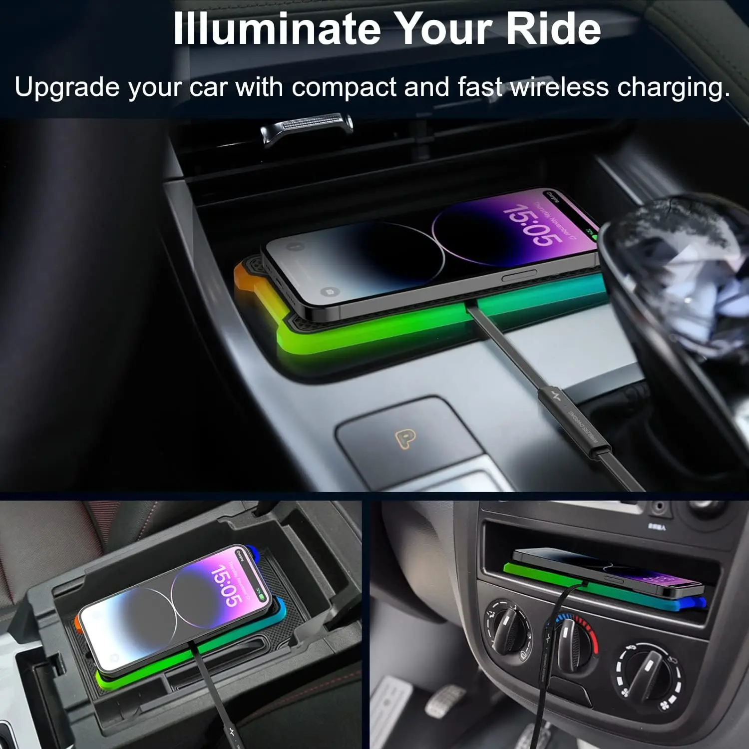 Polmxs 15W Wireless Charger Non-slip with RGB LED Light Type C Wireless Charging Pad for Car for iPhone 14/13/12 Samsung S23/S22