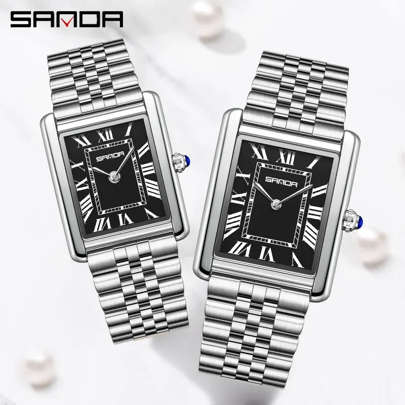 

SANDA новые кварцевые часы для пар, водостойкий износостойкий ремешок из нержавеющей стали, дизайн с квадратным циферблатом, модные мужские и женские подарочные наручные часы, хит продаж
