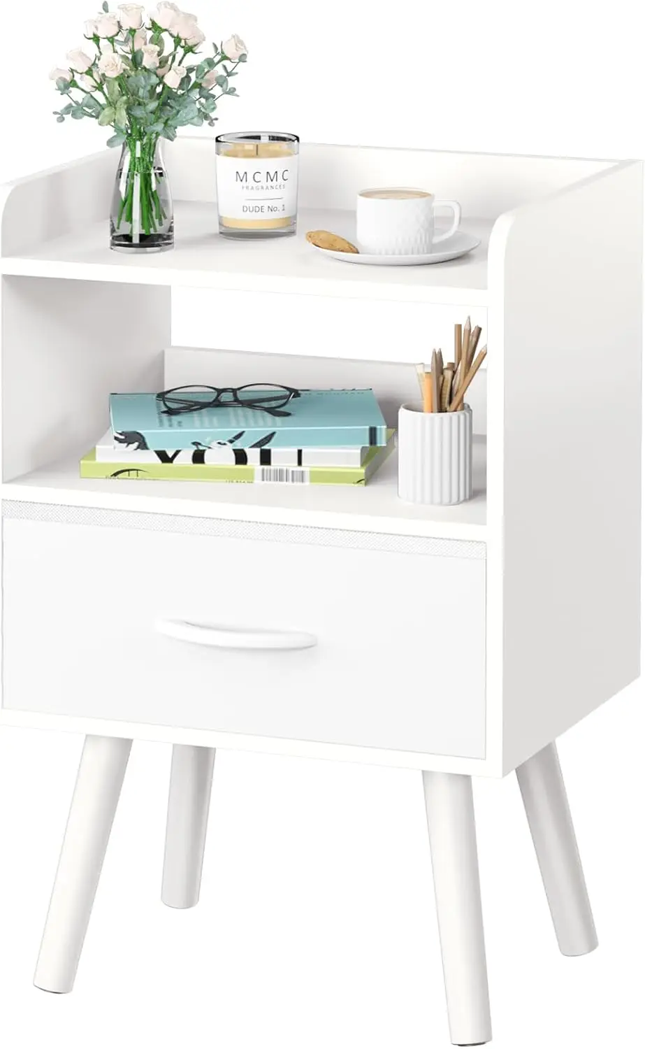 

Modern Nightstand with Drawer, Mid Century Bedside Table, Open Shelf Storage for Bedrooms