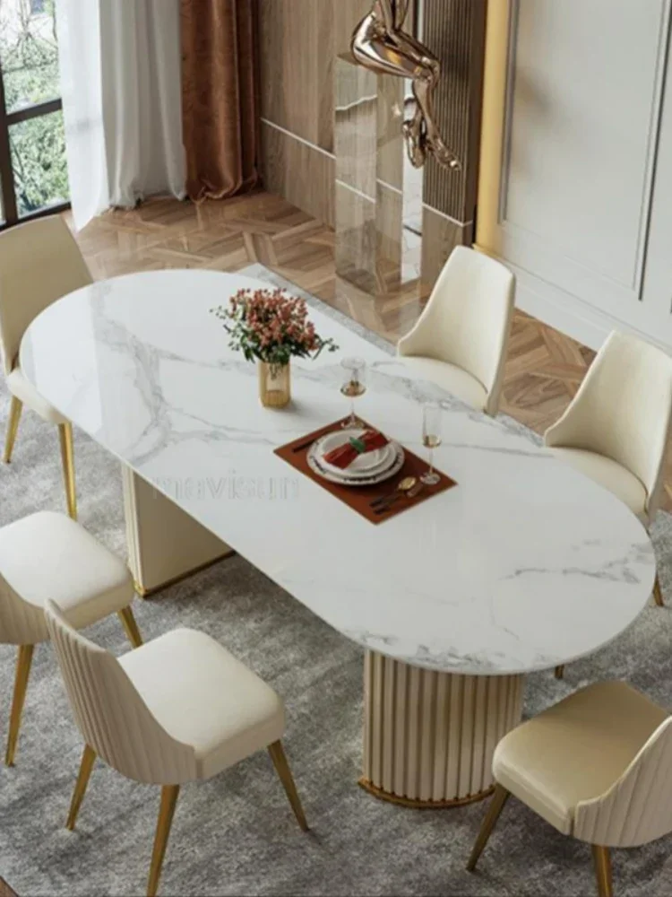 White Minimalist Light Luxury Bright Rock Plate Dining Room Set Modern Chairs Household Living Room Tavolo Pranzo Furniture WK