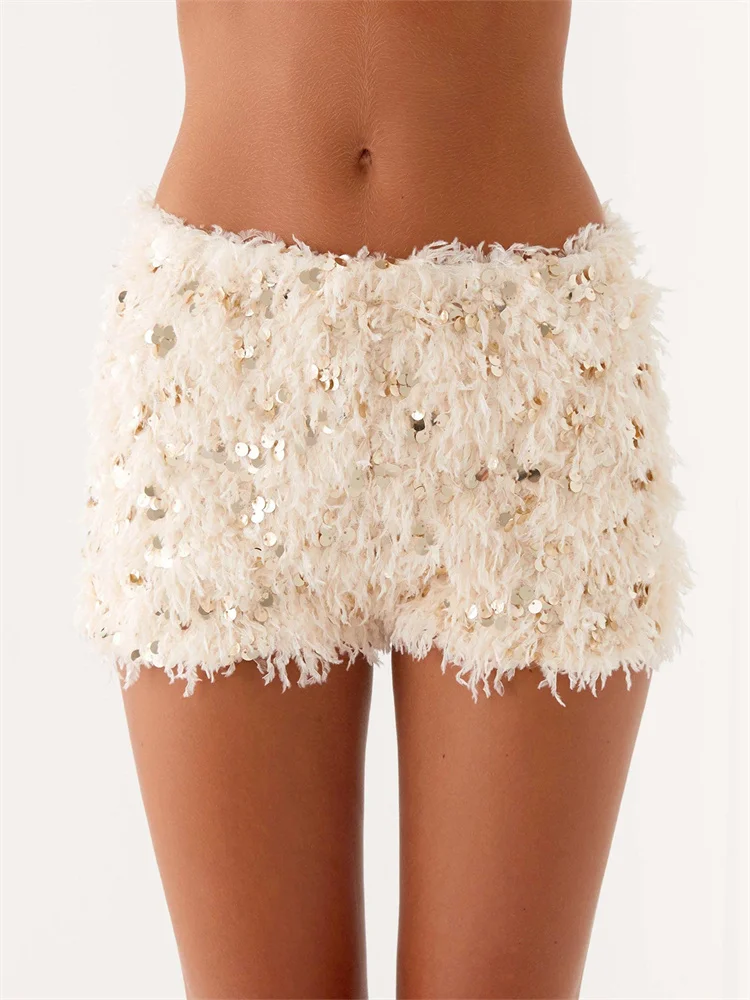 CHRONSTYLE شورت نسائي مثير منخفض الخصر فروي مطرز مرقع سليم صالح شورت صيفي لحفلات النادي ملابس الشارع الشهير 2025 جديد #2