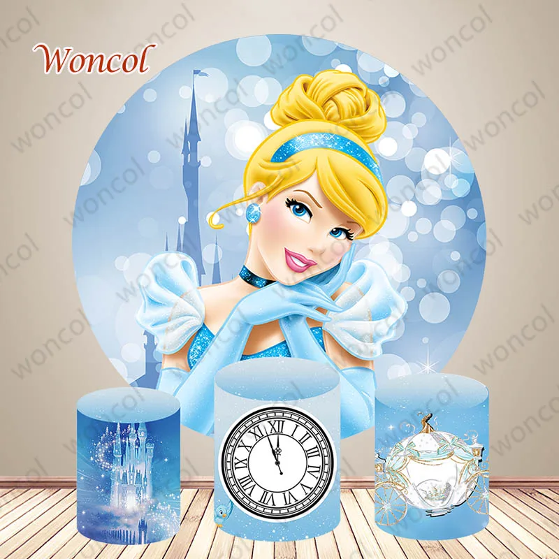 Disney Cinderella Round Backdrop Girls Birthday Baby Shower Backdrop Cinderella Castle Cylinder Cover Baby Shower Decor Prop