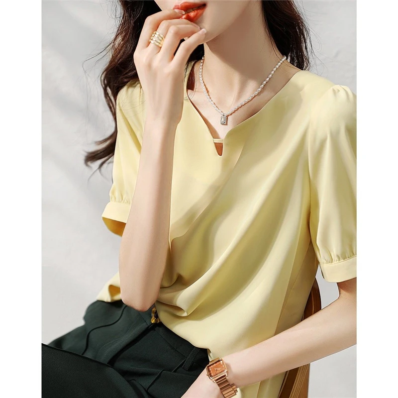 Women Summer Korean Fashion V Neck Hollow Elegant Blouse Yellow Sweet Short Sleeve Shirt Simple High Quality Chiffon Tops Blusas