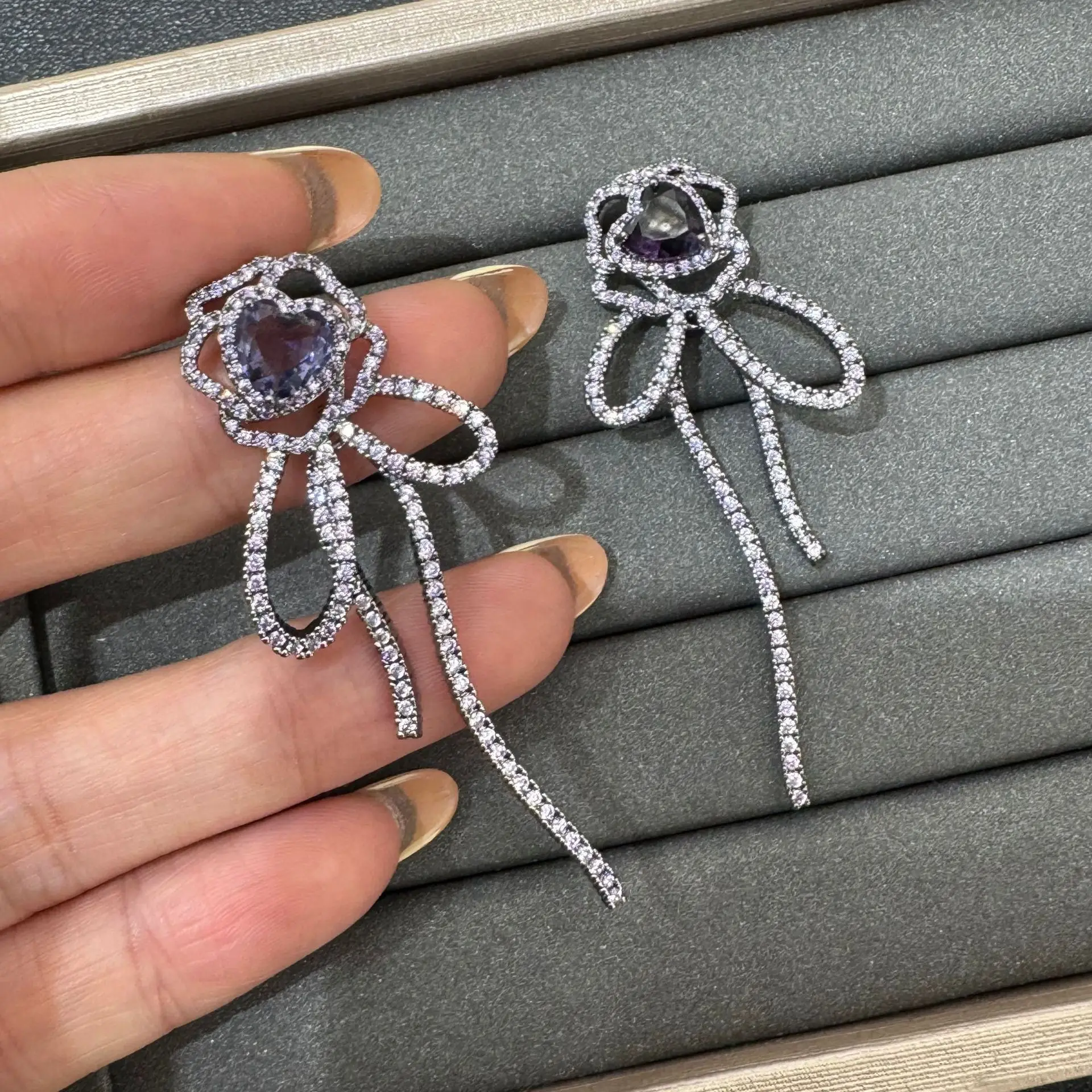

zirconia earrings bowknot flower pendant luxury jewelry dinner party silver color dangling earrings women