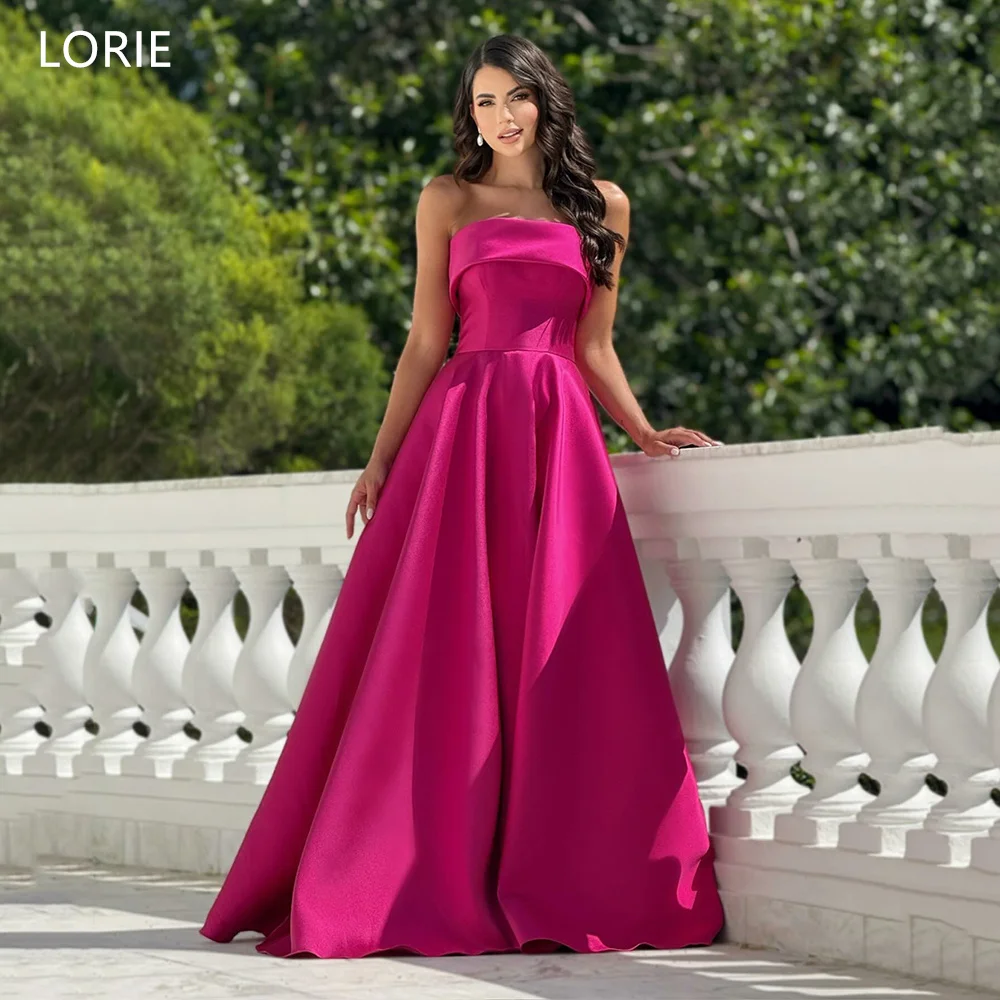 

LORIE Elegant Hot Pink Satin Party Dresses Strapless A-Line Evening Prom Dress Draped Formal Occasions Prom Gown Customized