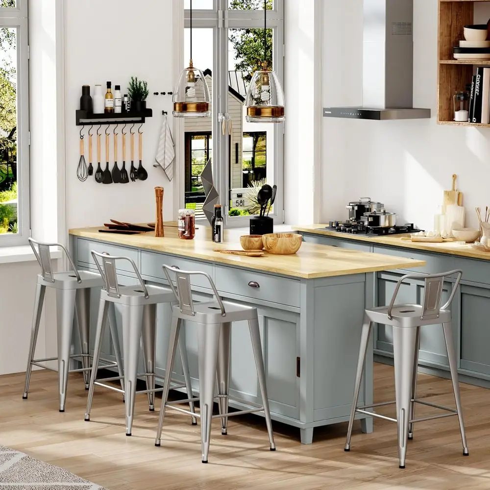Metal Bar Stools Set o 4 Barstools Indoor/Outdoor Counter Height Bar Stools Bar Chairs (Silver, 30inch)