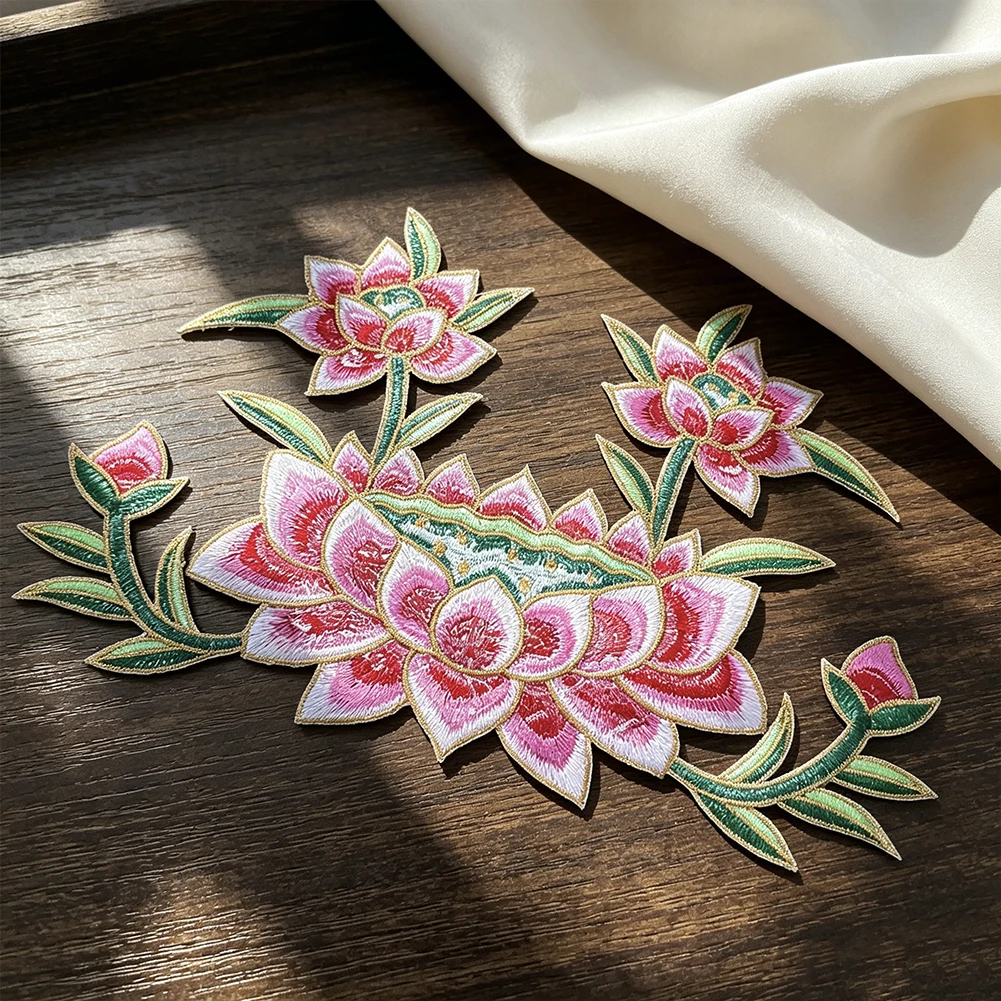 Neuer chinesischer Farbverlauf-Applikationsaufnäher mit rosa Lotus-Stickerei, große Größe, zum Aufbügeln oder Aufnähen, für Heimtextilien, Kleidung, DIY, dekorative Applikation – Detail 3