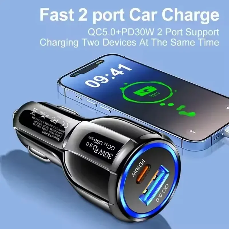 USB C Car Charger 30W Dual Port PD and QC 5.0 Fast Adapter Blue LED Indicator Reliable Charging For Mobile Phones and Pads
