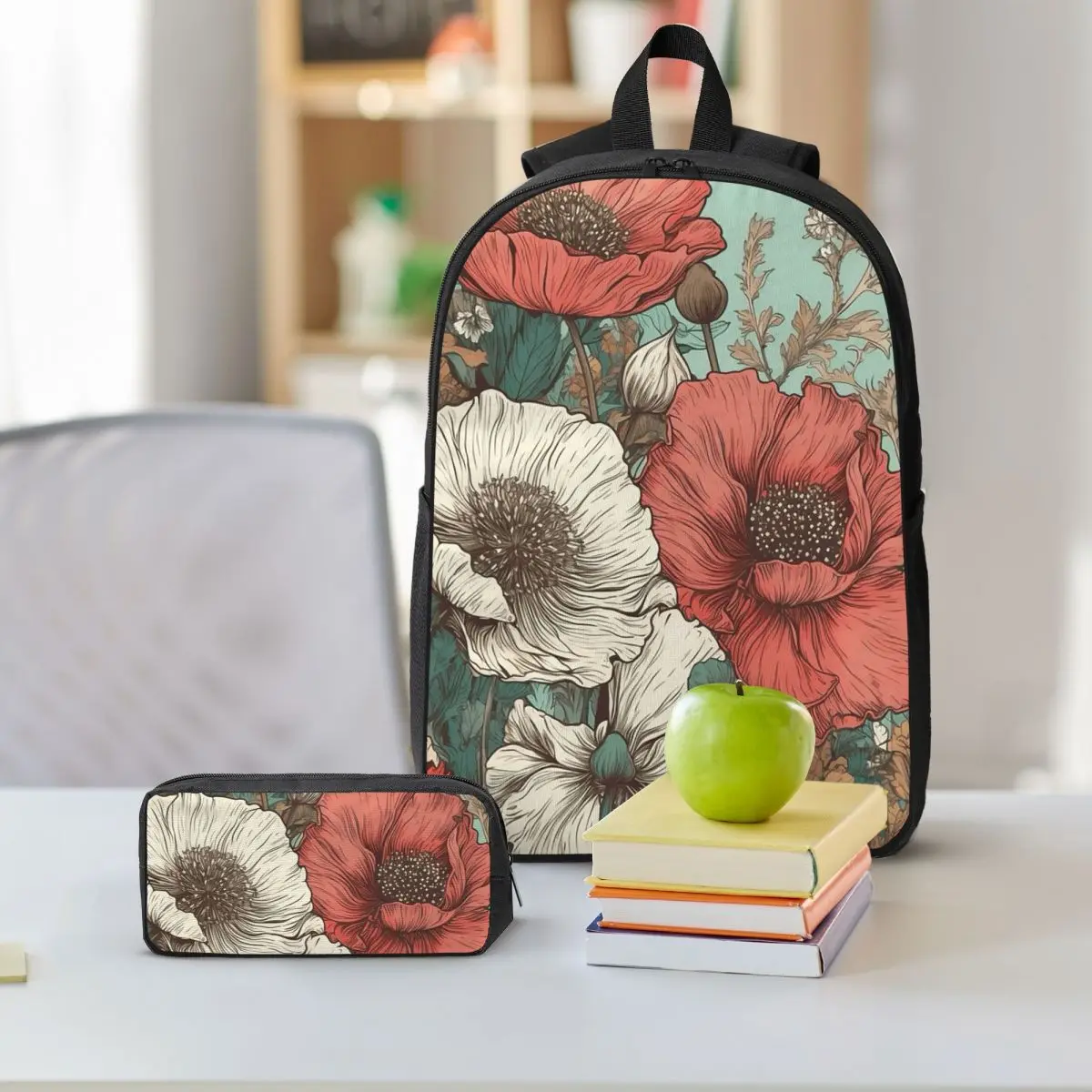 Vibrant Poppy Floral Design Backpack Student BookBag School Bag Shoulder Bags 3ps Insulated Lunch Bag Pencil Case