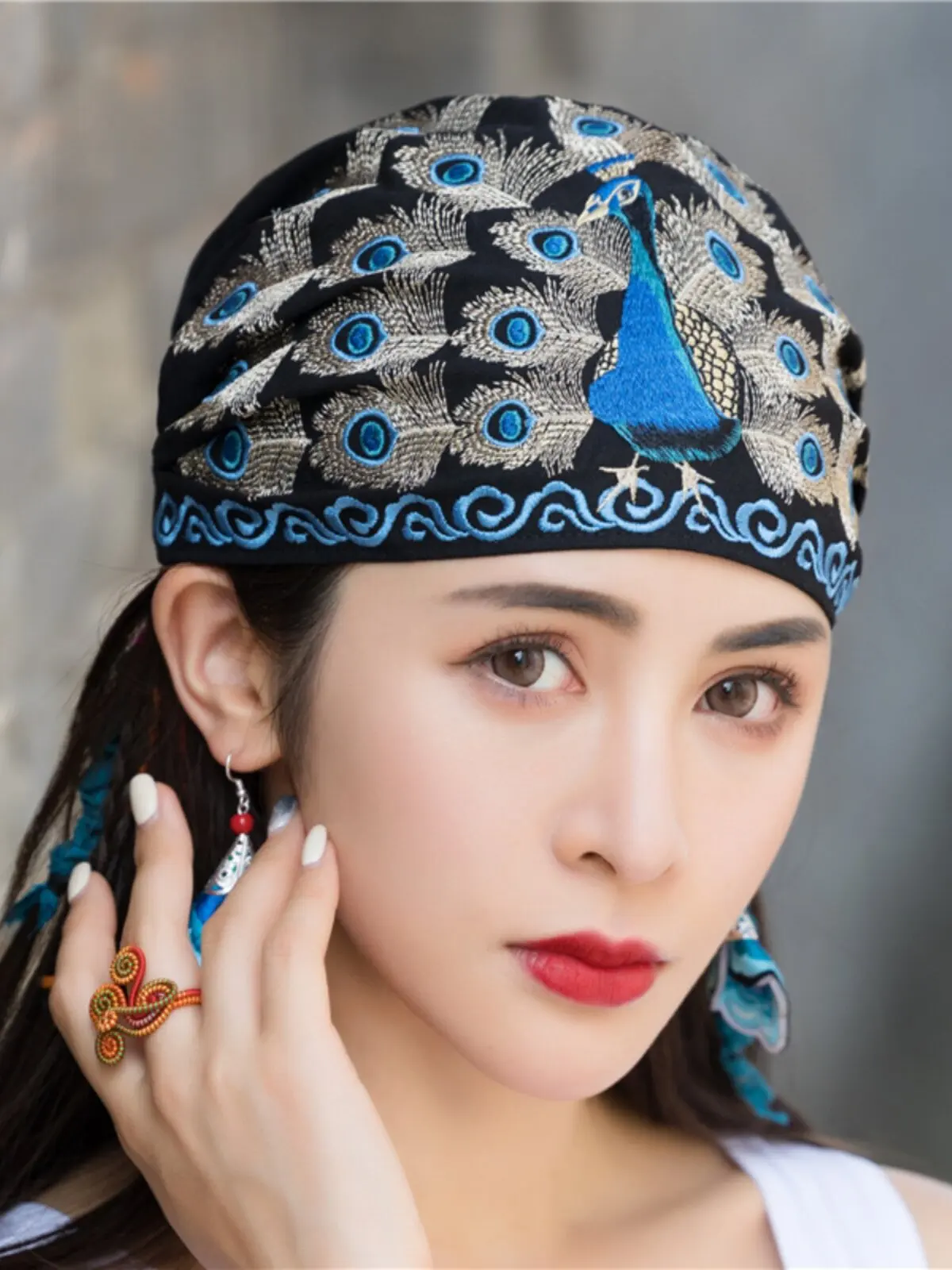 Chinese Ethnic Peacock Embroidered Turban Hat For Women Breathable Lightweight Polyester Headwrap Various Color Options One Size