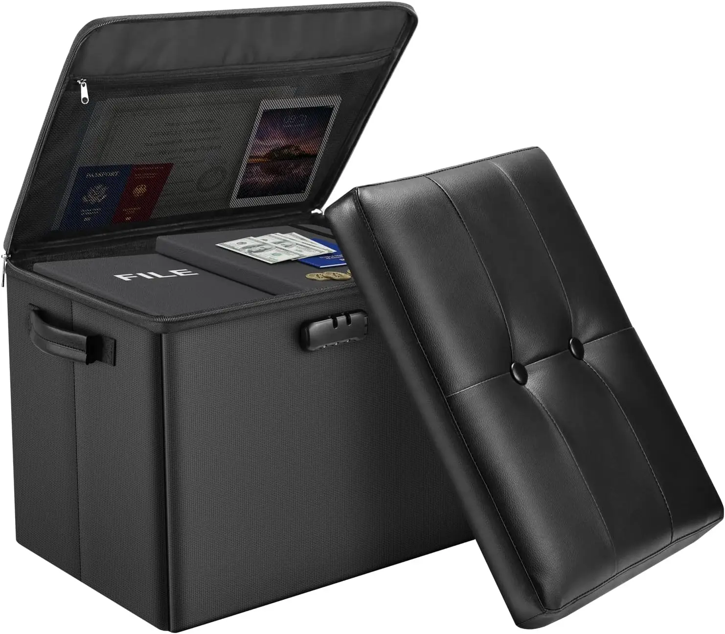 

Storage Ottoman with Lock,Fireproof Folding Ottoman Foot Rest Stool Storage Chest with Storage Safe for Important Documents,