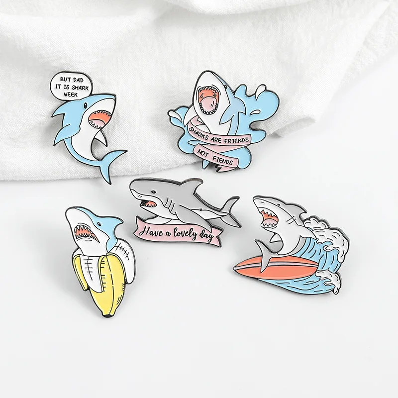 Shark are Friends Enamel Pin Custom Shark Week Banana Surfing Brooches Bag Lapel Pin Fun Animal Badge Cute Jewelry Gift for Kids