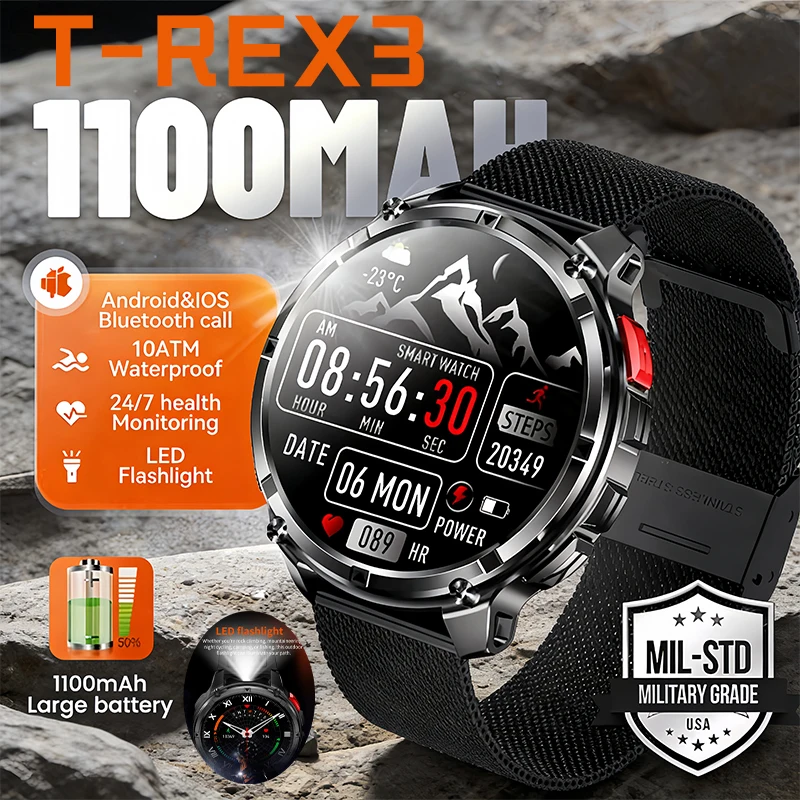 

2026 New T-REX3 1100mAh Battery SmartWatch 10ATM Waterproof GPS Bluetooth call 1.7" AMOLED HD Sports Flashlight Smart Watch Men