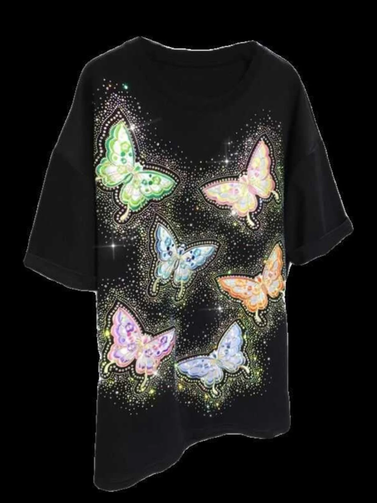 Women's 2024 Summer Mid-Length Over Size T-shirts Short Sleeve Round Neck Top Feminine Rhinestone Butterfly Short Sleeve T-shirt