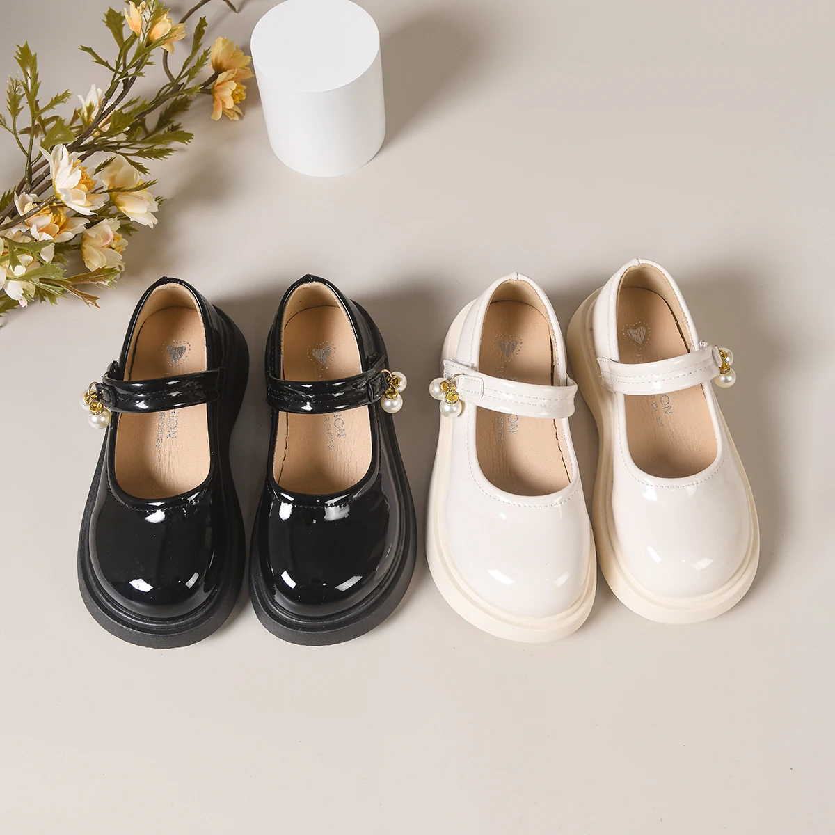 Autumn Girl's Leather Shoes Glossy Pearl Decor Kids Mary Janes Chunky Solid Color Round Toe Non-slip School Children Shoe 26-35