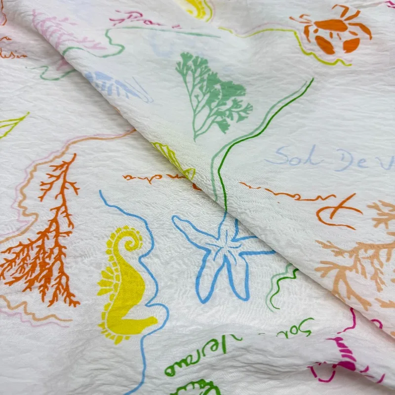 1 Meter White Colorful Cartoon Doodle Print Lyocell Cotton Fabric Breathable Spring Summer Shirt Qipao Dress DIY Sewing Material