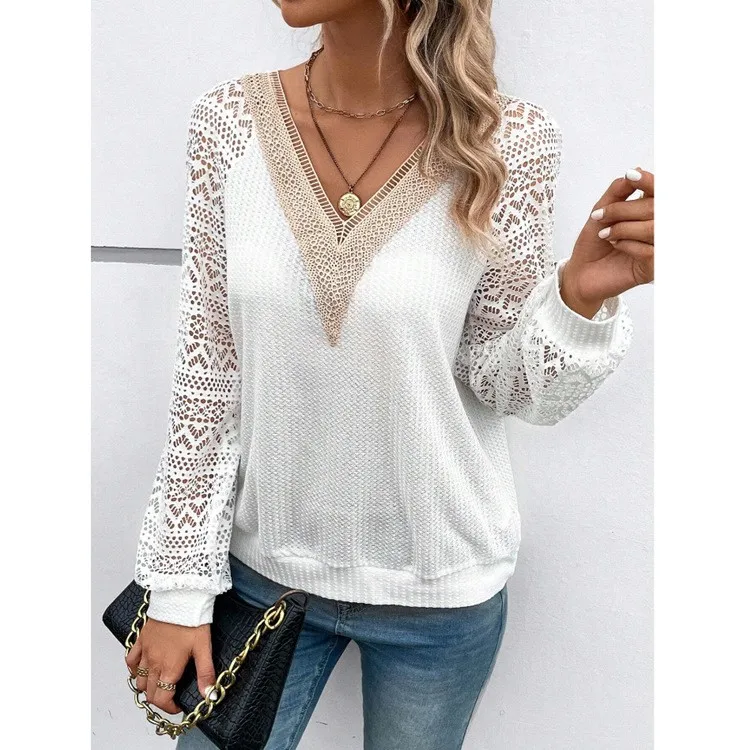 Women's Long Sleeve Lace Mesh Blouse Casual V Neck Sheer Pullover Raglan Sleeve Knit Top with Mesh Overlay and Geometric Lace