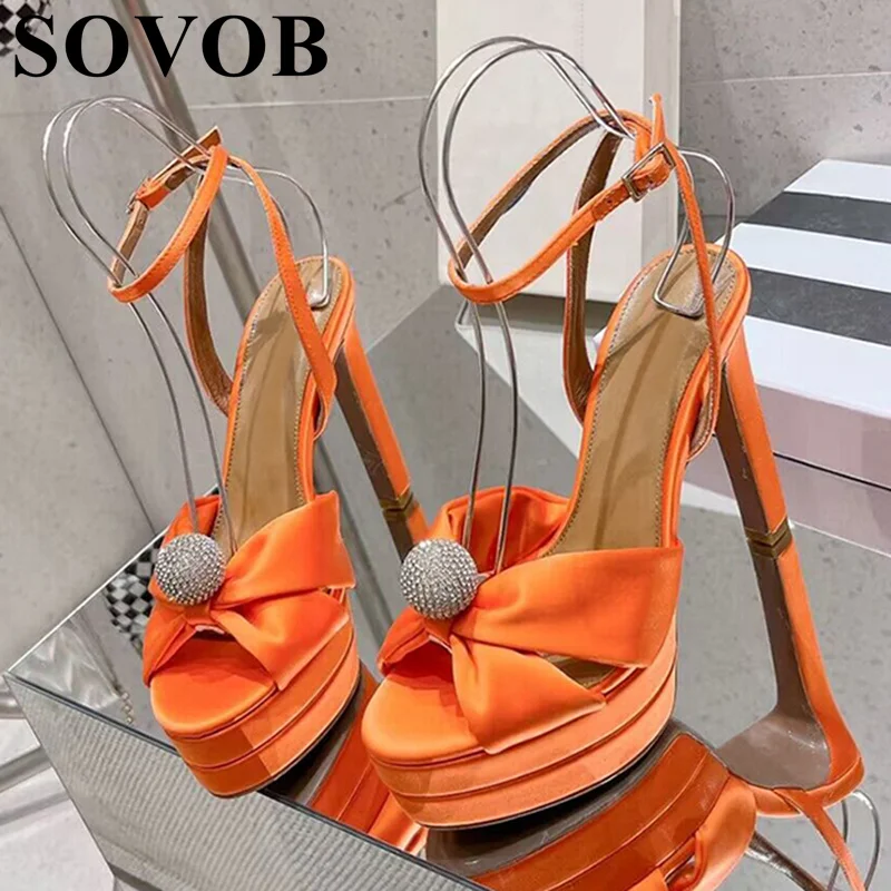 

Women's Satin Bling Bling Crystal Decorative High Heels Thick Soles Exposed Ankle Strap Sandals Summer Party Banquet Dress Shoes